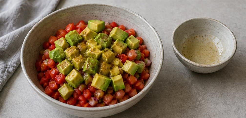 Mexikanischer Avocado-Paprika-Salat mit Zitrone – Zubereitung Schritt für Schritt – Avocados und Dressing hinzufügen