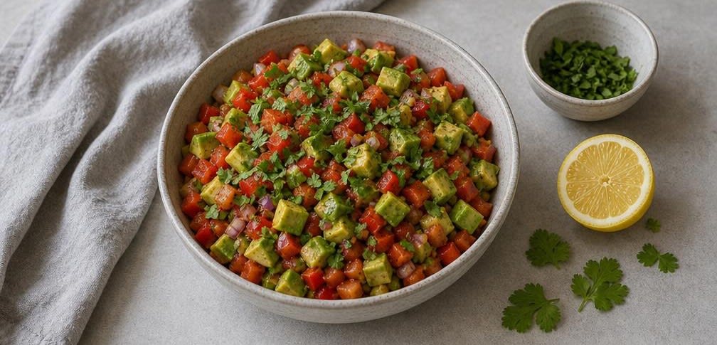Mexikanischer Avocado-Paprika-Salat mit Zitrone – Zubereitung Schritt für Schritt – Anrichten