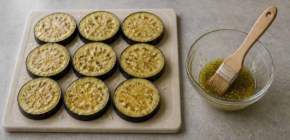 Gegrillte Auberginen-Scheiben mit Knoblauch – Zubereitung Schritt für Schritt – Auberginen bestreichen