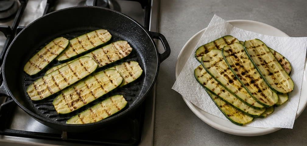 Gegrillte Zucchini-Röllchen mit Feta – Zubereitung Schritt für Schritt – Zucchini anbraten