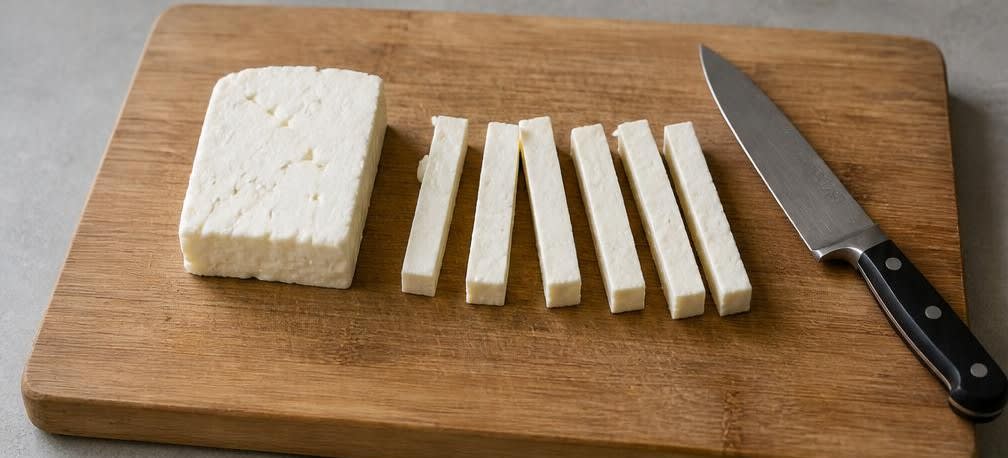 Gegrillte Zucchini-Röllchen mit Feta – Zubereitung Schritt für Schritt – Feta schneiden