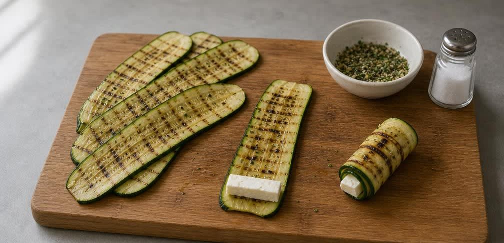 Gegrillte Zucchini-Röllchen mit Feta – Zubereitung Schritt für Schritt – Röllchen rollen
