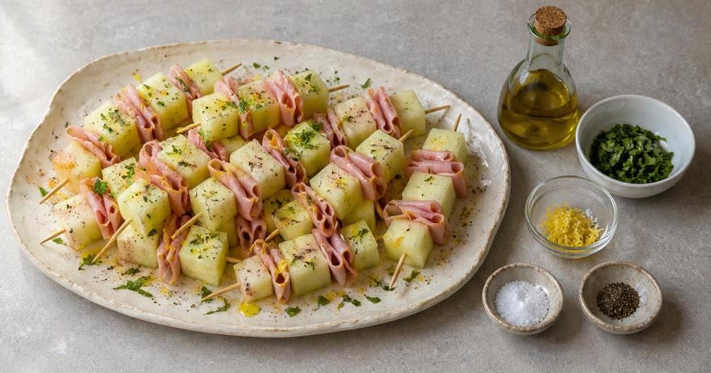 Portugiesische Melonen-Spieße mit Kochschinken – Zubereitung Schritt für Schritt – Anrichten und würzen