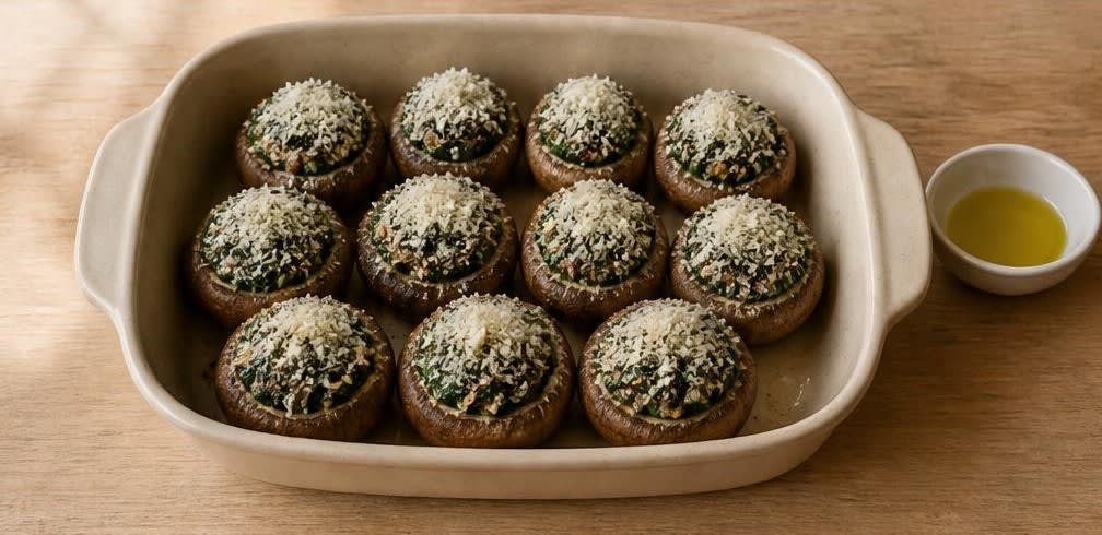 Spanische gefüllte Champignons mit Knoblauchspinat – Zubereitung Schritt für Schritt – Champignons füllen