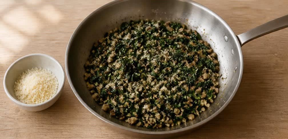Spanische gefüllte Champignons mit Knoblauchspinat – Zubereitung Schritt für Schritt – Füllung mischen