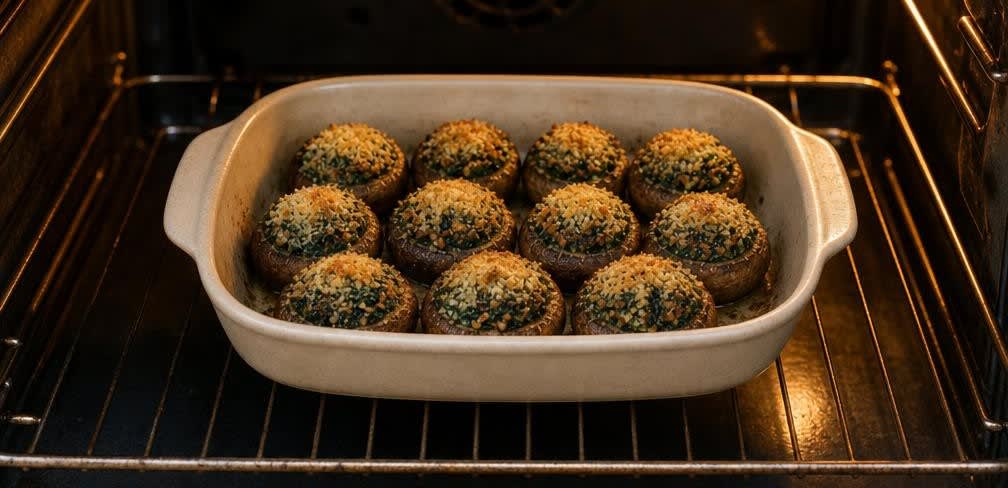 Spanische gefüllte Champignons mit Knoblauchspinat – Zubereitung Schritt für Schritt – Im Ofen backen