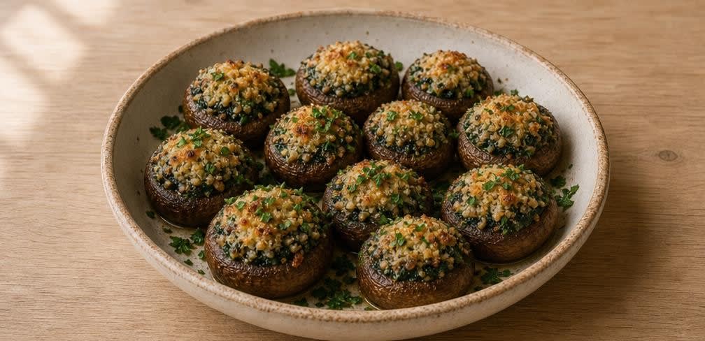 Spanische gefüllte Champignons mit Knoblauchspinat – Zubereitung Schritt für Schritt – Anrichten