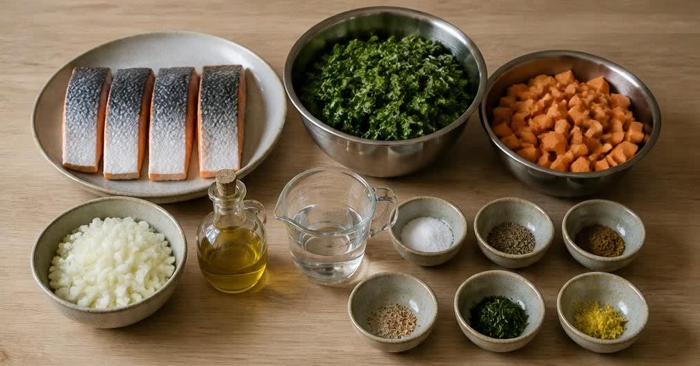 Skandinavischer Lachs auf gedünstetem Grünkohl und Süßkartoffeln – Zutaten