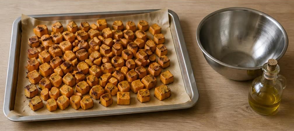 Skandinavischer Lachs auf gedünstetem Grünkohl und Süßkartoffeln – Zubereitung Schritt für Schritt – Süßkartoffeln rösten
