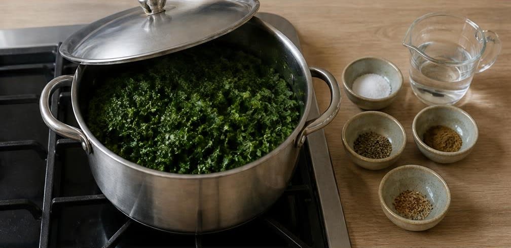Skandinavischer Lachs auf gedünstetem Grünkohl und Süßkartoffeln – Zubereitung Schritt für Schritt – Grünkohl dünsten und würzen