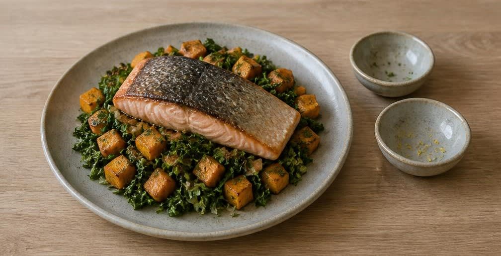 Skandinavischer Lachs auf gedünstetem Grünkohl und Süßkartoffeln – Zubereitung Schritt für Schritt – Anrichten