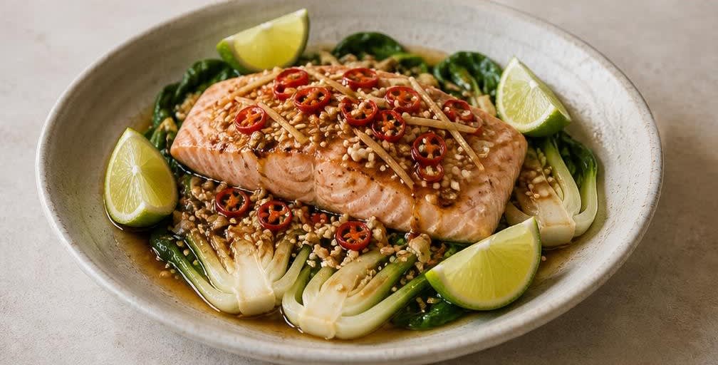 Gedämpfter Lachs mit Pak Choi und Knoblauch – Zubereitung Schritt für Schritt – Anrichten