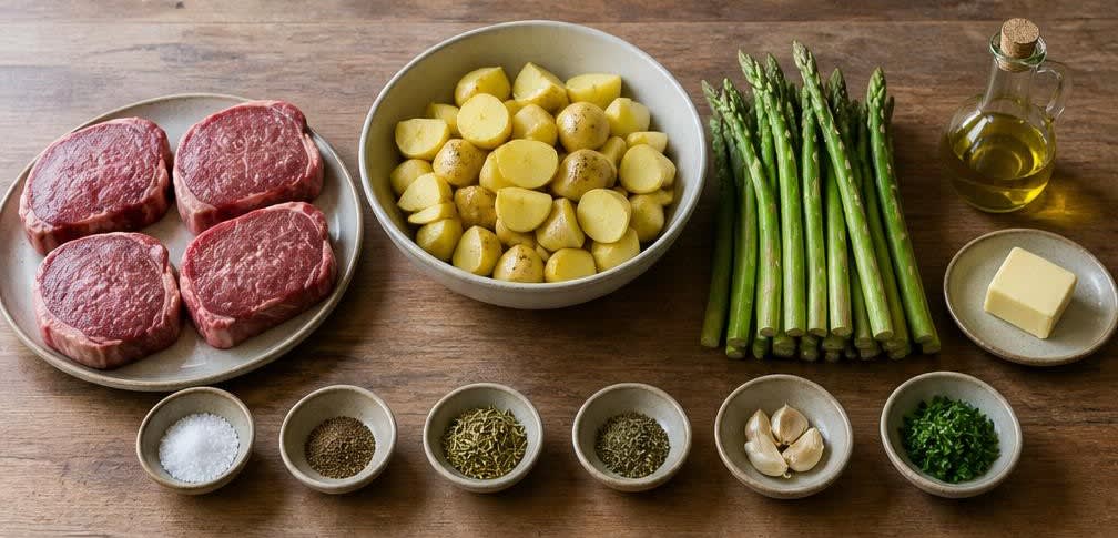 Klassisches Sirloin-Steak mit gebratenem Spargel und Knoblauchkartoffeln – Zutaten