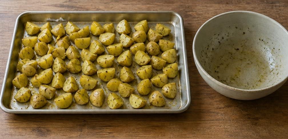 Klassisches Sirloin-Steak mit gebratenem Spargel und Knoblauchkartoffeln – Zubereitung Schritt für Schritt – Kartoffeln rösten