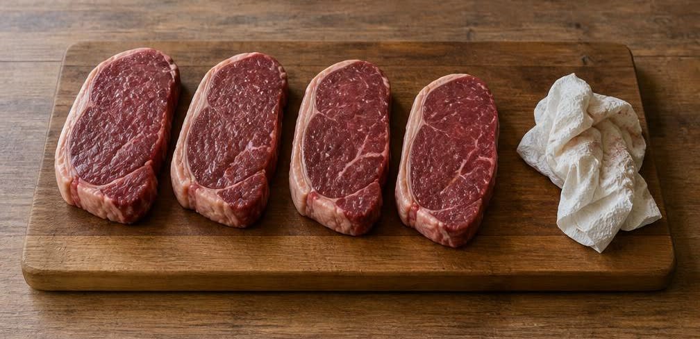 Klassisches Sirloin-Steak mit gebratenem Spargel und Knoblauchkartoffeln – Zubereitung Schritt für Schritt – Steak trockentupfen