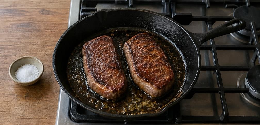 Klassisches Sirloin-Steak mit gebratenem Spargel und Knoblauchkartoffeln – Zubereitung Schritt für Schritt – Steak anbraten