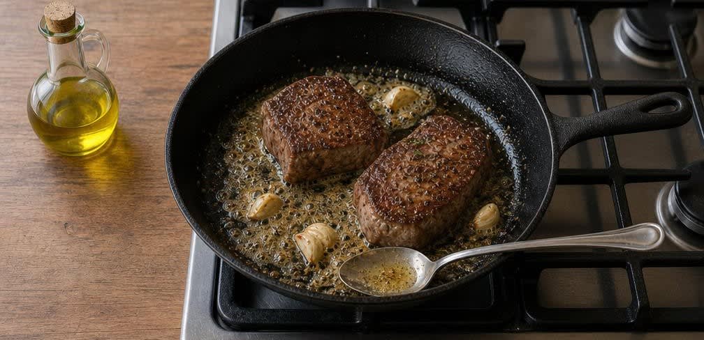 Klassisches Sirloin-Steak mit gebratenem Spargel und Knoblauchkartoffeln – Zubereitung Schritt für Schritt – Steak arrosieren