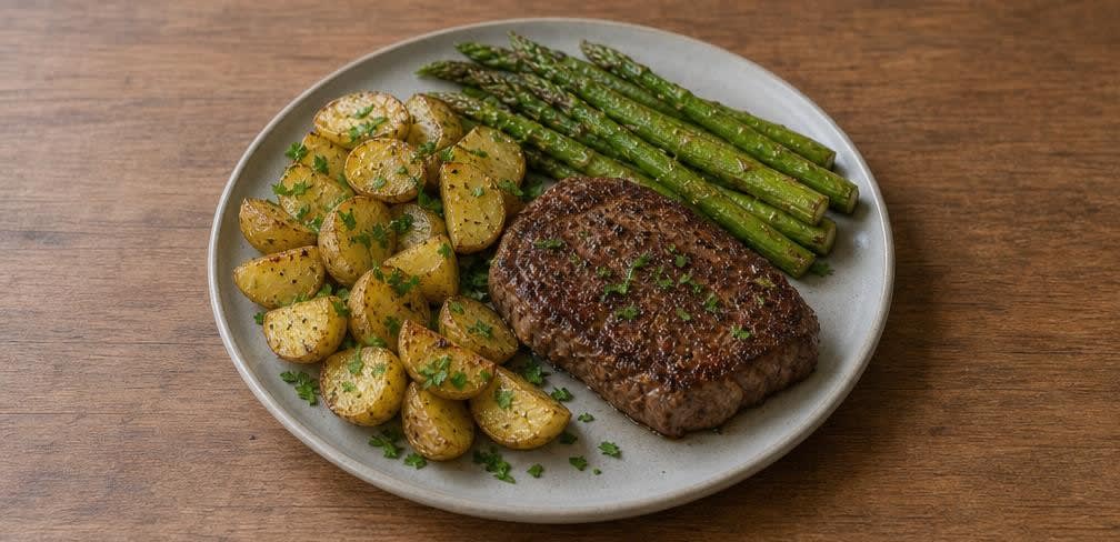 Klassisches Sirloin-Steak mit gebratenem Spargel und Knoblauchkartoffeln – Zubereitung Schritt für Schritt – Anrichten