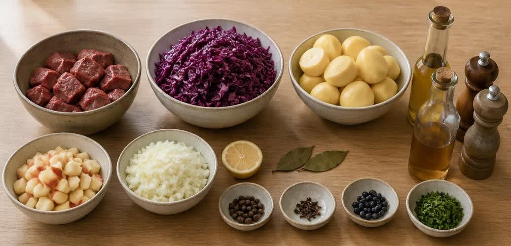 Zart geschmorte Rinderoberschale mit Apfel-Rotkohl und Salzkartoffeln – Zutaten