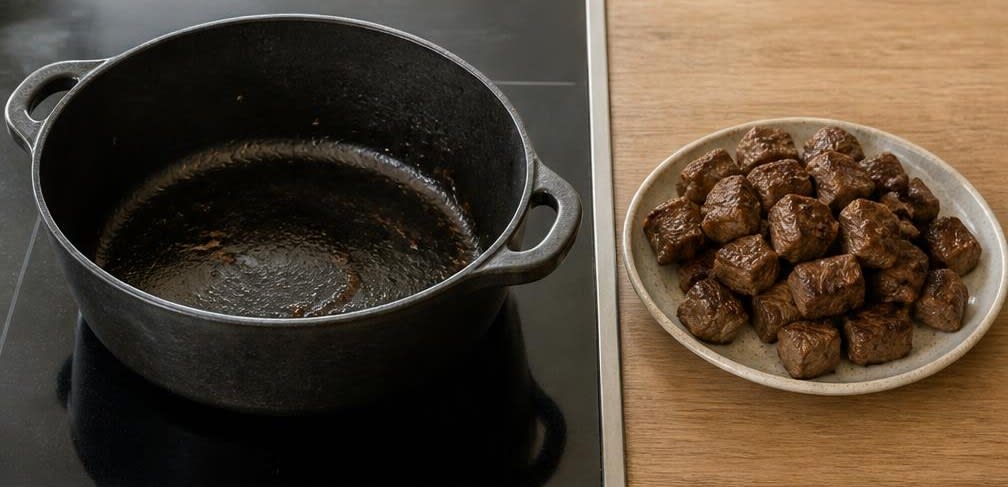 Zart geschmorte Rinderoberschale mit Apfel-Rotkohl und Salzkartoffeln – Zubereitung Schritt für Schritt – Rindfleisch anbraten