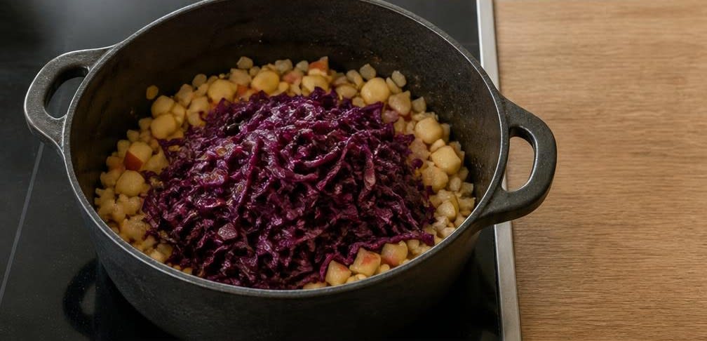 Zart geschmorte Rinderoberschale mit Apfel-Rotkohl und Salzkartoffeln – Zubereitung Schritt für Schritt – Zwiebeln, Äpfel und Rotkohl dünsten