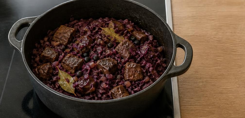 Zart geschmorte Rinderoberschale mit Apfel-Rotkohl und Salzkartoffeln – Zubereitung Schritt für Schritt – Fleisch schmoren