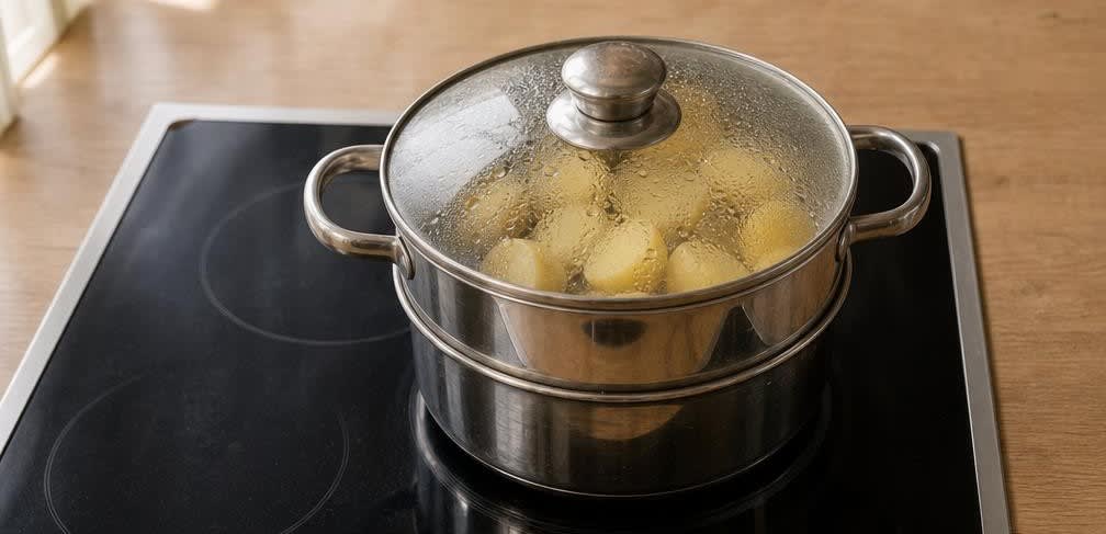 Zart geschmorte Rinderoberschale mit Apfel-Rotkohl und Salzkartoffeln – Zubereitung Schritt für Schritt – Kartoffeln dämpfen