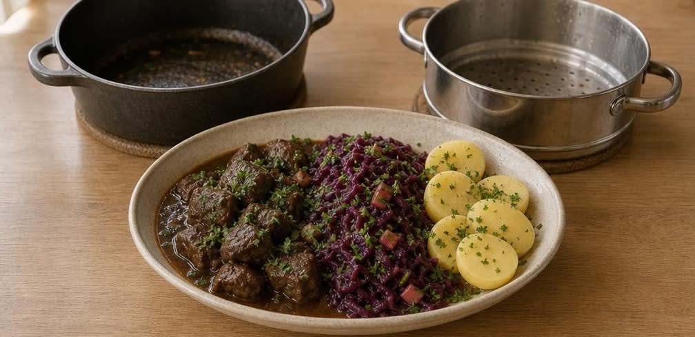 Zart geschmorte Rinderoberschale mit Apfel-Rotkohl und Salzkartoffeln – Zubereitung Schritt für Schritt – Anrichten