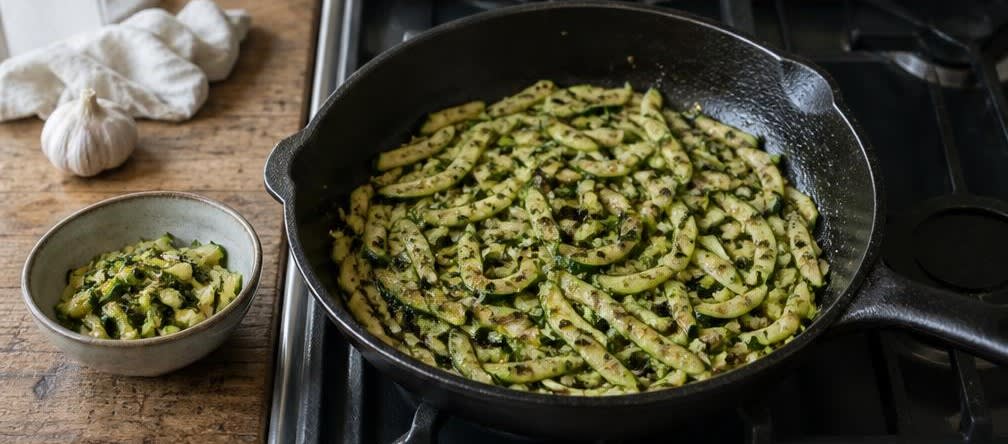 Cremiges britisches Rührei mit Zucchini auf Vollkornbrot – Zubereitung Schritt für Schritt – Zucchini anbraten