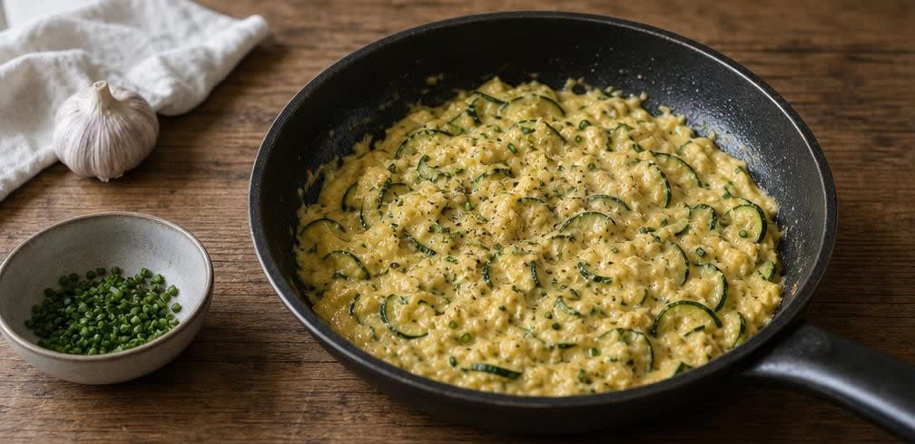Cremiges britisches Rührei mit Zucchini auf Vollkornbrot – Zubereitung Schritt für Schritt – Rührei fertigstellen