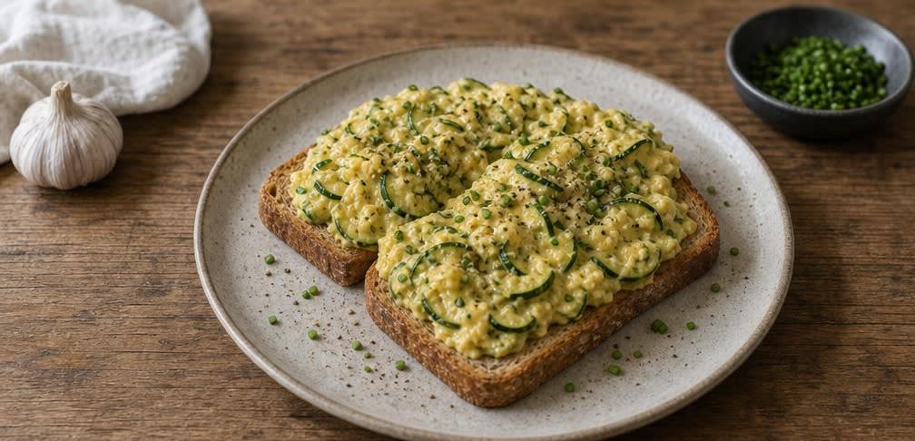 Cremiges britisches Rührei mit Zucchini auf Vollkornbrot – Zubereitung Schritt für Schritt – Anrichten