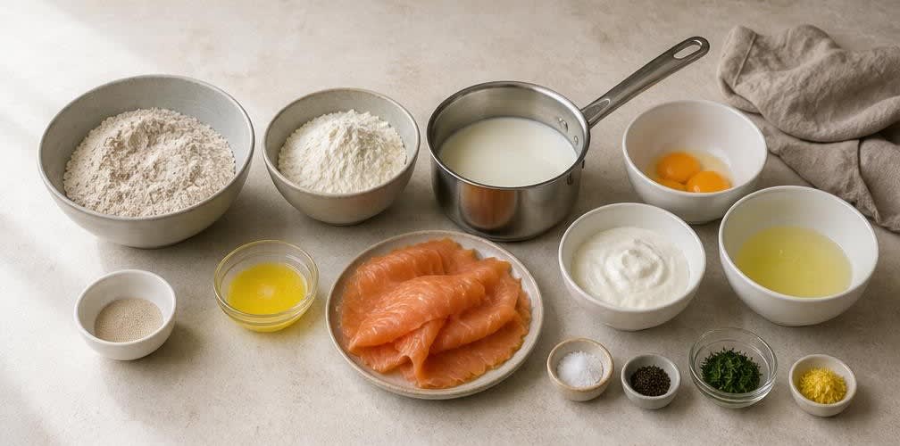 Klassische Buchweizen-Blini mit Sauerrahm und Lachs – Zutaten bereitstellen