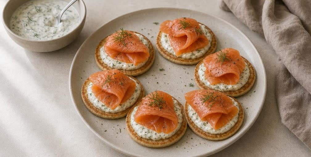 Klassische Buchweizen-Blini mit Sauerrahm und Lachs – Zubereitung Schritt für Schritt – Anrichten