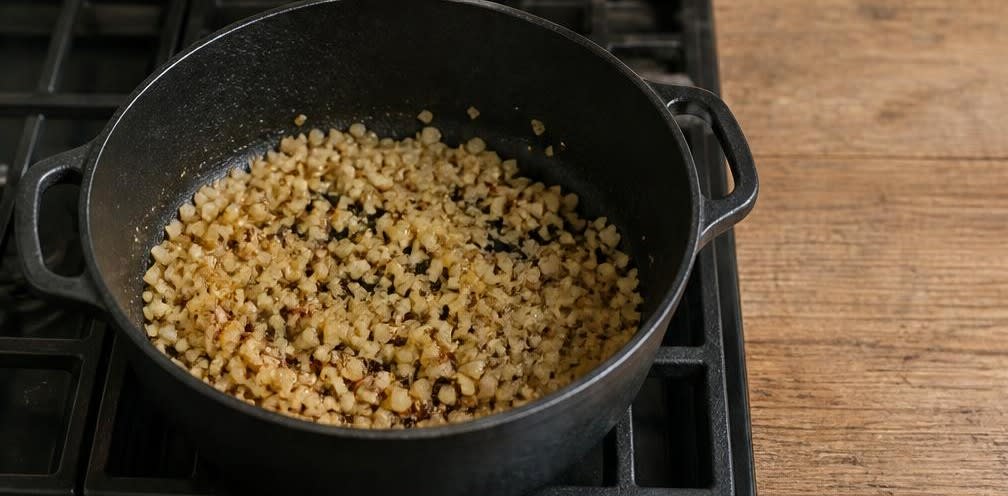 Türkisches Lammragout mit Zucchini – Zubereitung Schritt für Schritt – Zwiebeln und Gewürze rösten