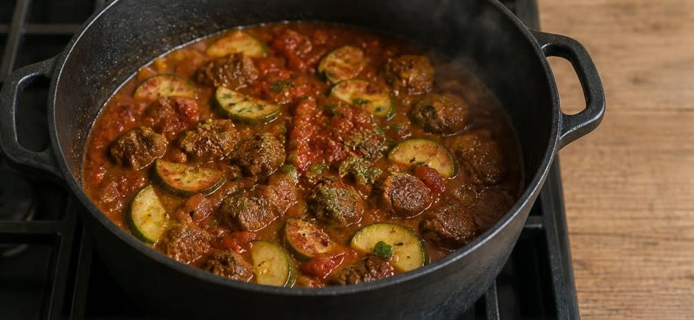 Türkisches Lammragout mit Zucchini – Zubereitung Schritt für Schritt – Zucchini hinzufügen und einkochen