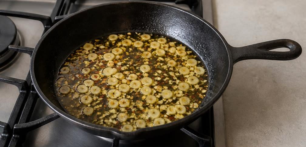 Aglio e Olio mit ruhendem Knoblauch – Zubereitung Schritt für Schritt – Knoblauch anschwitzen