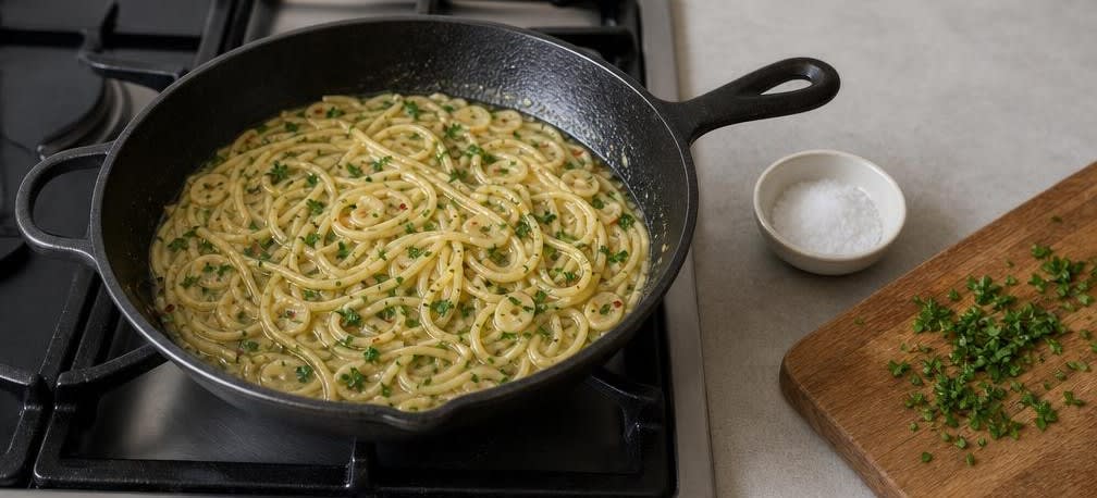 Aglio e Olio mit ruhendem Knoblauch – Zubereitung Schritt für Schritt – Spaghetti vermengen