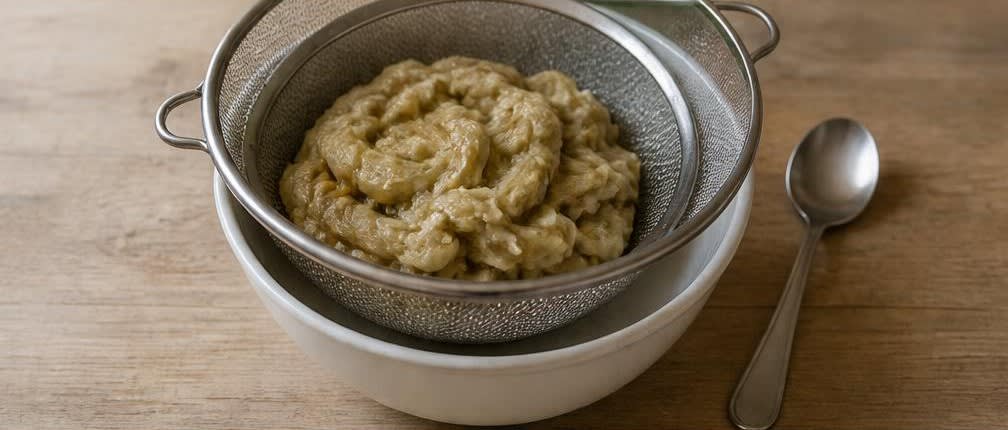 Baba Ghanoush mit ruhendem Knoblauch – Zubereitung Schritt für Schritt – Auberginenfleisch abtropfen