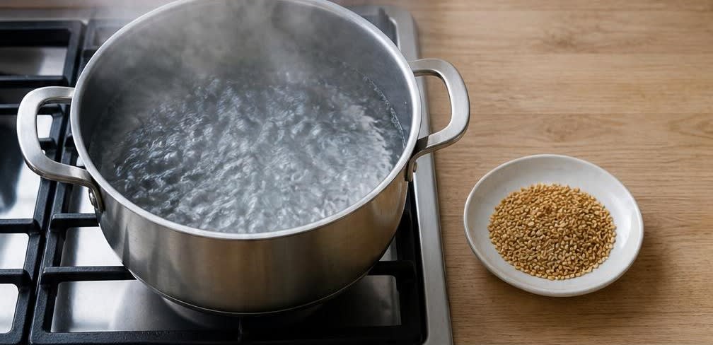 Edamame mit grobem Meersalz und Sesam – Zubereitung Schritt für Schritt – Wasser kochen & Sesam bereitstellen