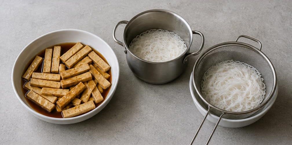 Frische Sommerrollen mit mariniertem Tofu – Zubereitung Schritt für Schritt – Tofu marinieren & Nudeln kochen