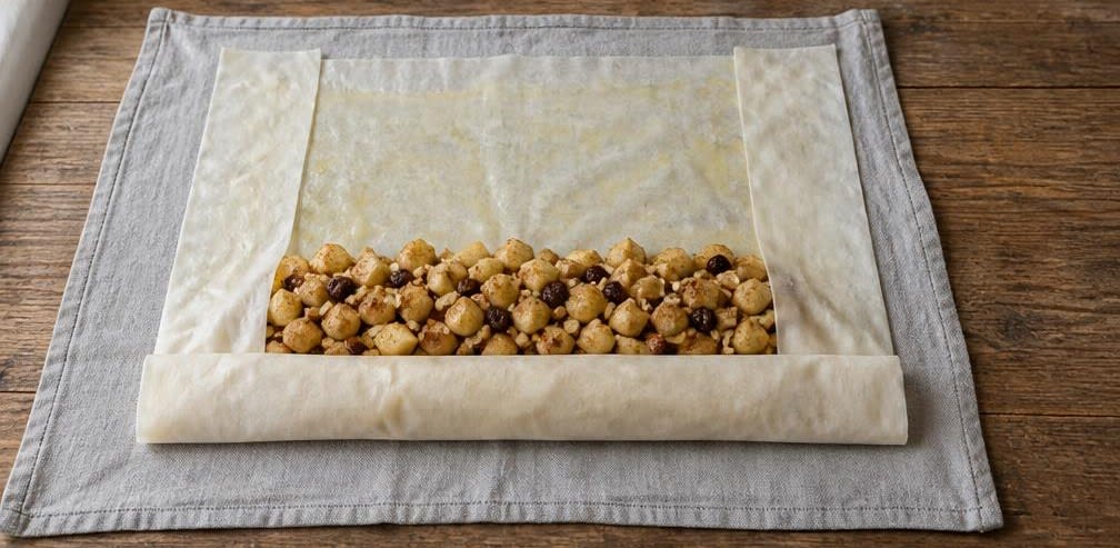 Klassischer Apfelstrudel mit bissfesten Apfelstücken – Zubereitung Schritt für Schritt – Strudel füllen und rollen