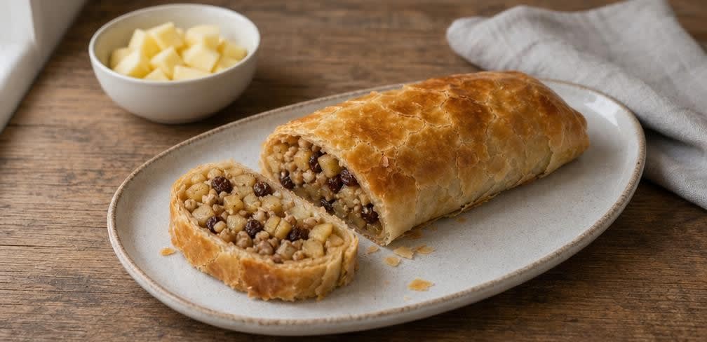 Klassischer Apfelstrudel mit bissfesten Apfelstücken – Zubereitung Schritt für Schritt – Anrichten