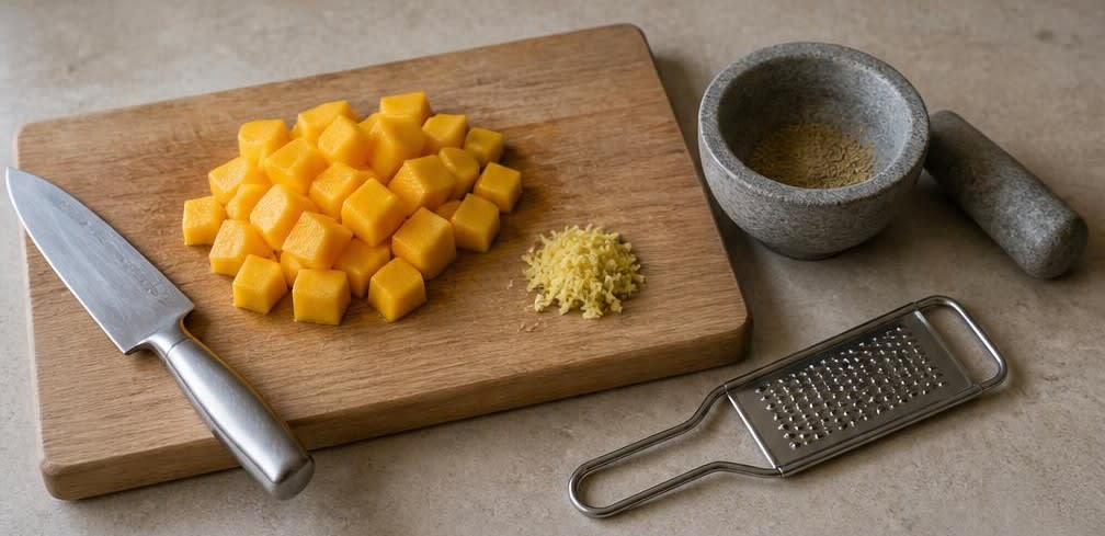 Cremiges Mango Lassi mit Kardamom und Safran – Zubereitung Schritt für Schritt – Mango, Ingwer, Kardamom vorbereiten