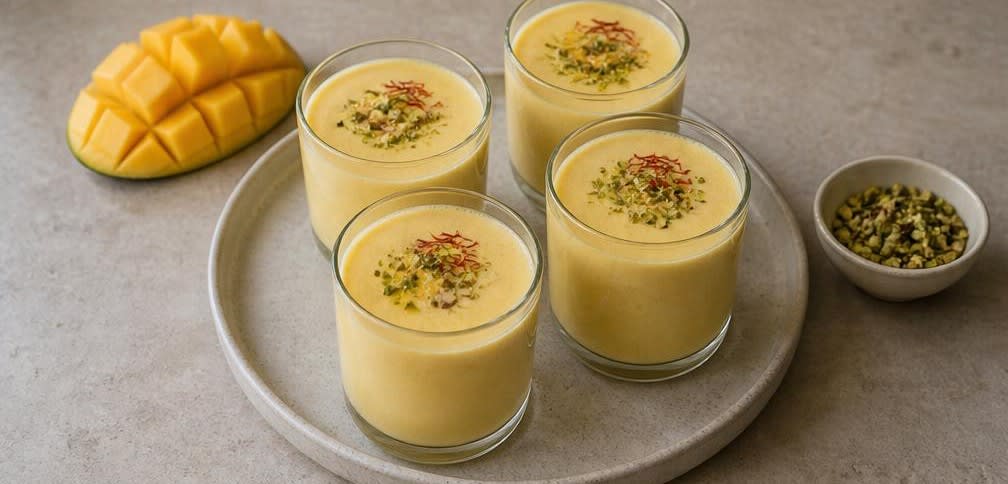 Cremiges Mango Lassi mit Kardamom und Safran – Zubereitung Schritt für Schritt – Anrichten