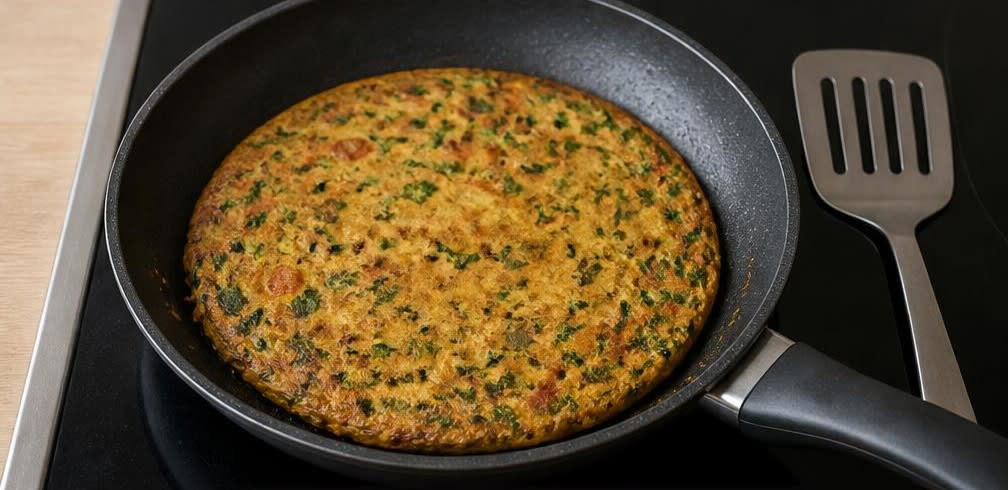 Indisches Kichererbsen-Omelett mit Spinat und Tomate – Zubereitung Schritt für Schritt – Omelett ausbacken