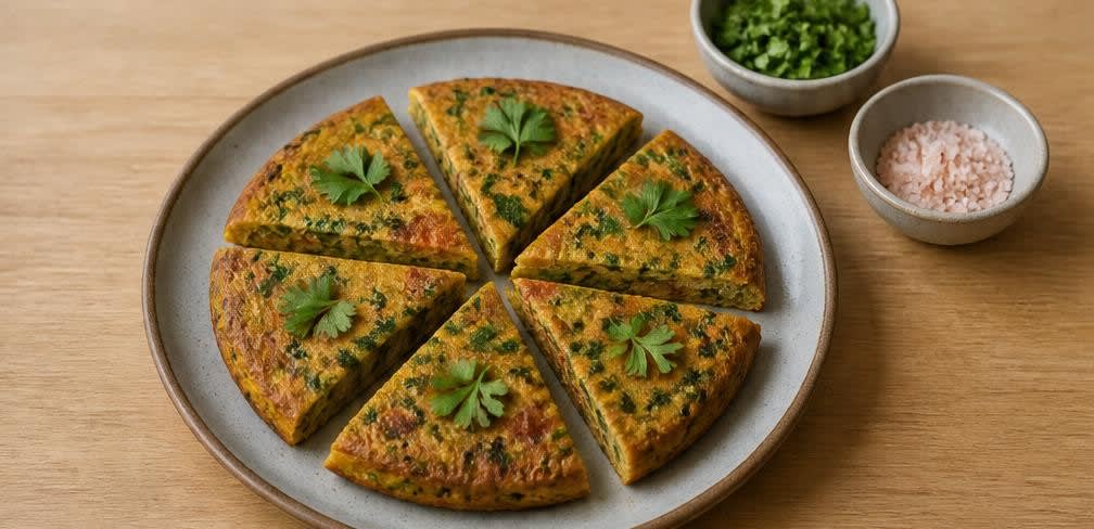 Indisches Kichererbsen-Omelett mit Spinat und Tomate – Zubereitung Schritt für Schritt – Anrichten