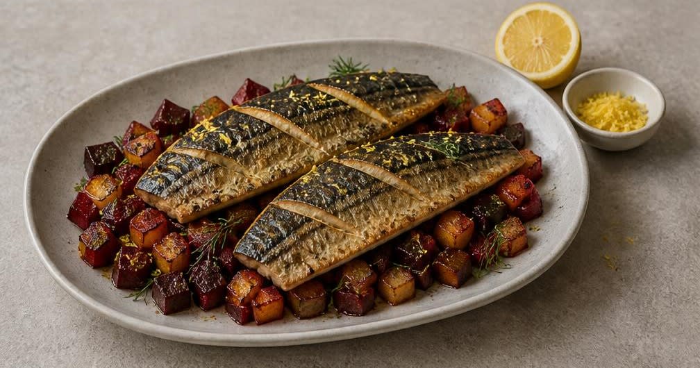 Gebratene Makrele auf Rote-Bete-Kartoffel-Gemüse – Zubereitung Schritt für Schritt – Anrichten und servieren