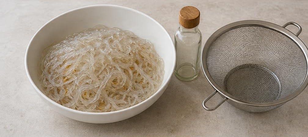 Koreanisches Japchae mit kaltgepresstem Sesamöl – Zubereitung Schritt für Schritt – Nudeln kochen