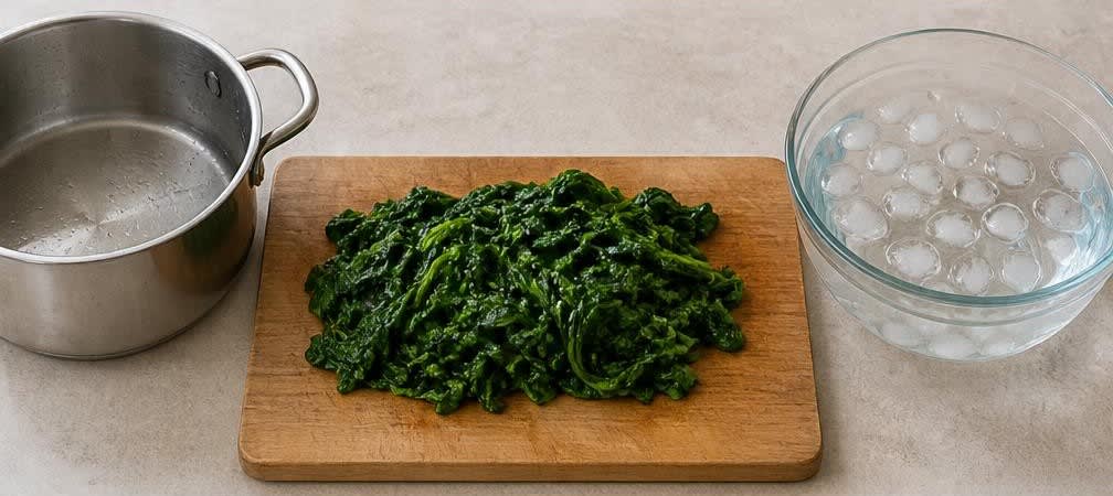 Koreanisches Japchae mit kaltgepresstem Sesamöl – Zubereitung Schritt für Schritt – Spinat blanchieren