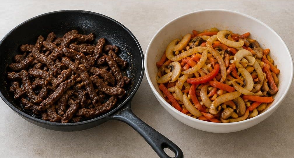 Koreanisches Japchae mit kaltgepresstem Sesamöl – Zubereitung Schritt für Schritt – Gemüse und Rindfleisch braten